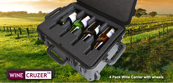 wine carrier holds 4 bottles and has wheels and pull handle